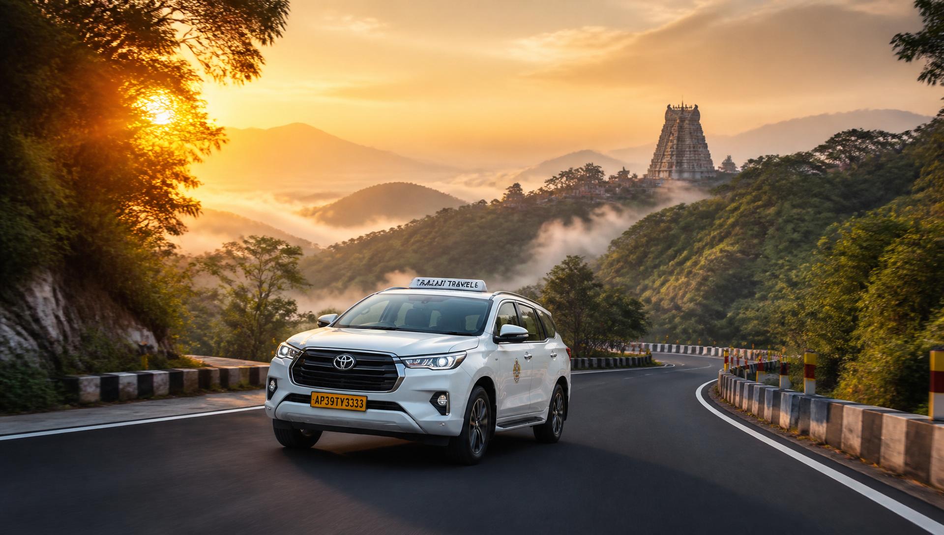 Luxury taxi on the ghat road to Tirumala temple at sunrise